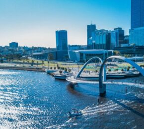 An aerial view of a bridge over a river in Perth.