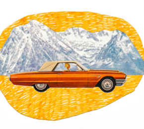 A drawing of a car with mountains in the background.