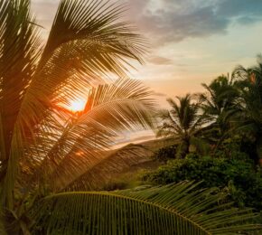 Best places to visit in Costa Rica include a tropical beach at sunset with palm trees.