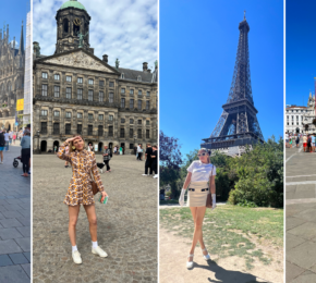 Collage of a young woman in front of prominent global tourist attractions