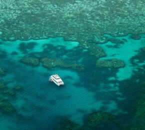 aerial view of the ocean and coral reefs