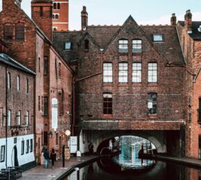 canal and old homes in Birmingham, UK