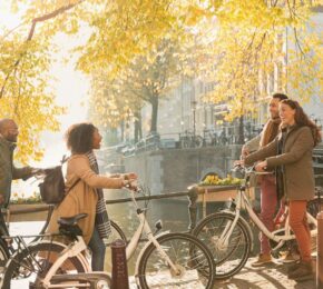 friends cycling in Amsterdam