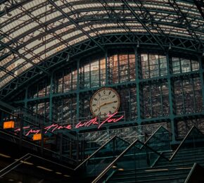 view of the artwork at St Pancras Station in London