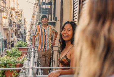 group of friends meeting abroad