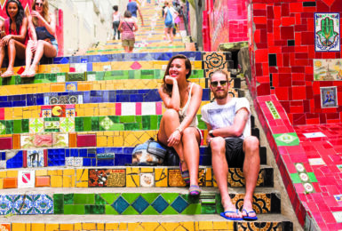 Brightly coloured mosaic steps