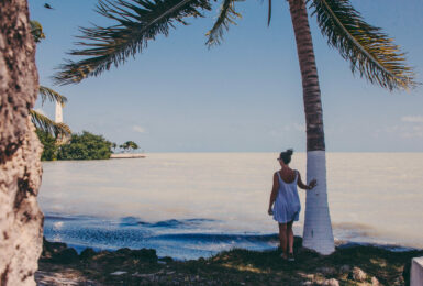 A woman is standing under a palm tree near the ocean, one of the best places to travel in November.