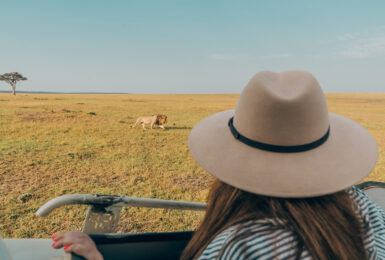 A woman wearing a hat while observing big cats in the wild.