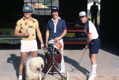 A white dog on a Contiki cart.