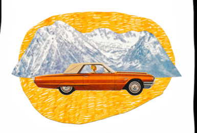 A drawing of a car with mountains in the background.