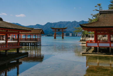 A red tori tori gate on the shore of a body of water in Japan.
