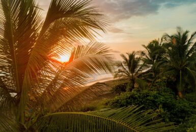 Best places to visit in Costa Rica include a tropical beach at sunset with palm trees.