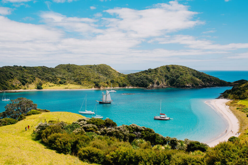 A sustainable travel destination featuring a bay with sailboats in the water.