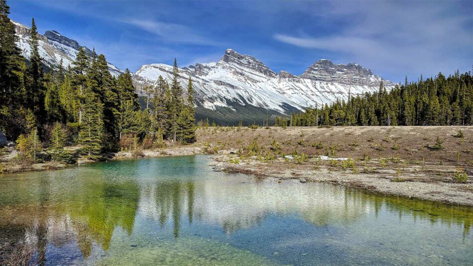 a lake and snowy mountains in the Rockies