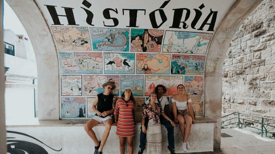 group of young travellers in lisbon, portugal