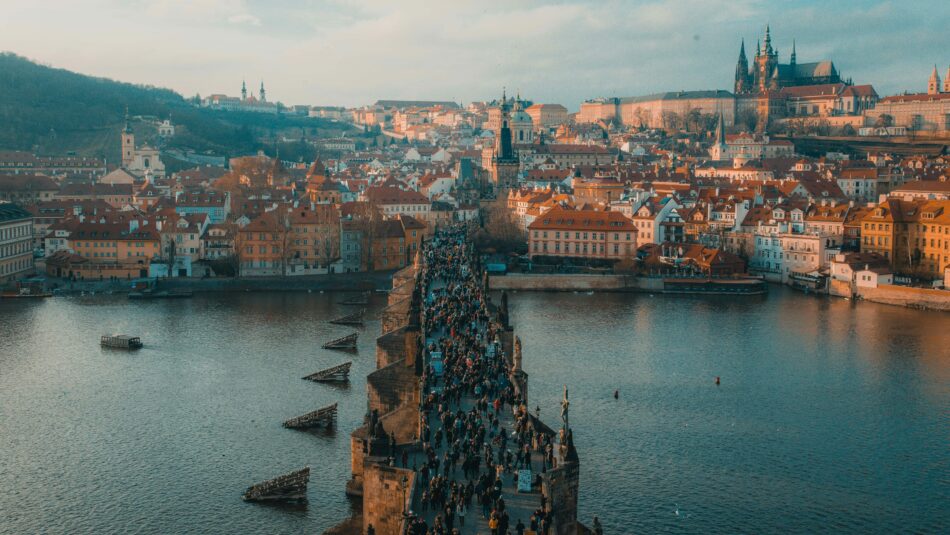aerial view of Prague at sunset