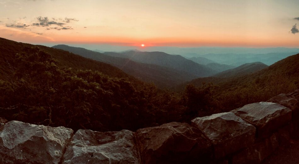 Shenandoah National Park at sunset with moody hills in USA
