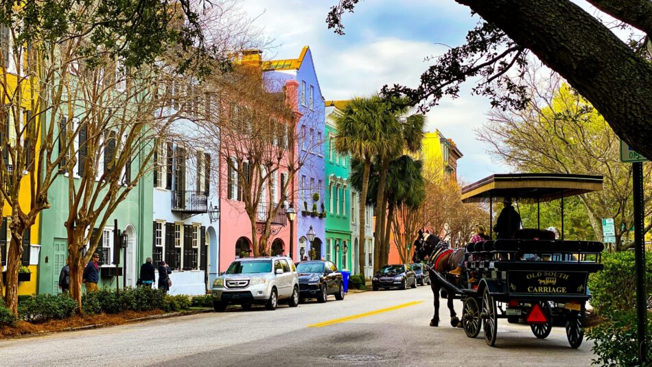 colourful buildings and horse drawn carriage in Charleston, South Carolina