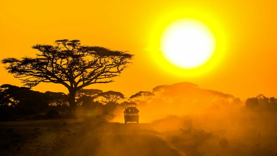 safari jeep driving in Kenya at sunrise