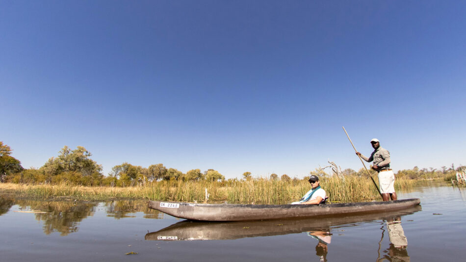 Two people in a canoe in the Okavango Delta.