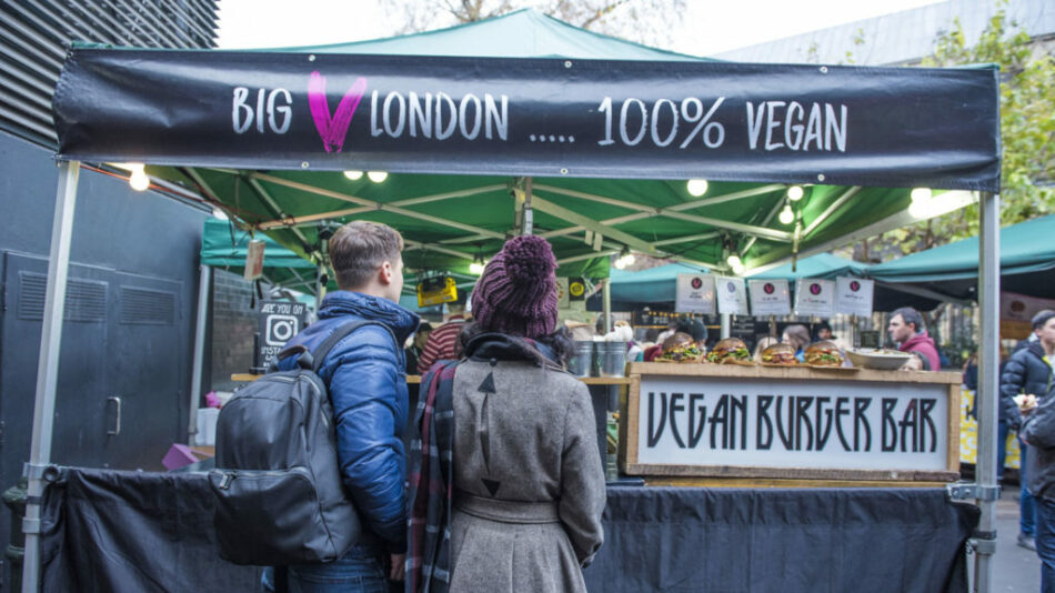 Big vegan market in London for travel-diet enthusiasts.