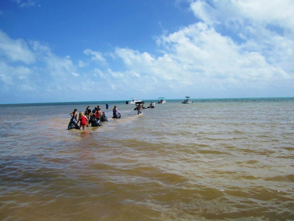 A group of heroes standing in the water near a boat, pioneering the way for plastic change.