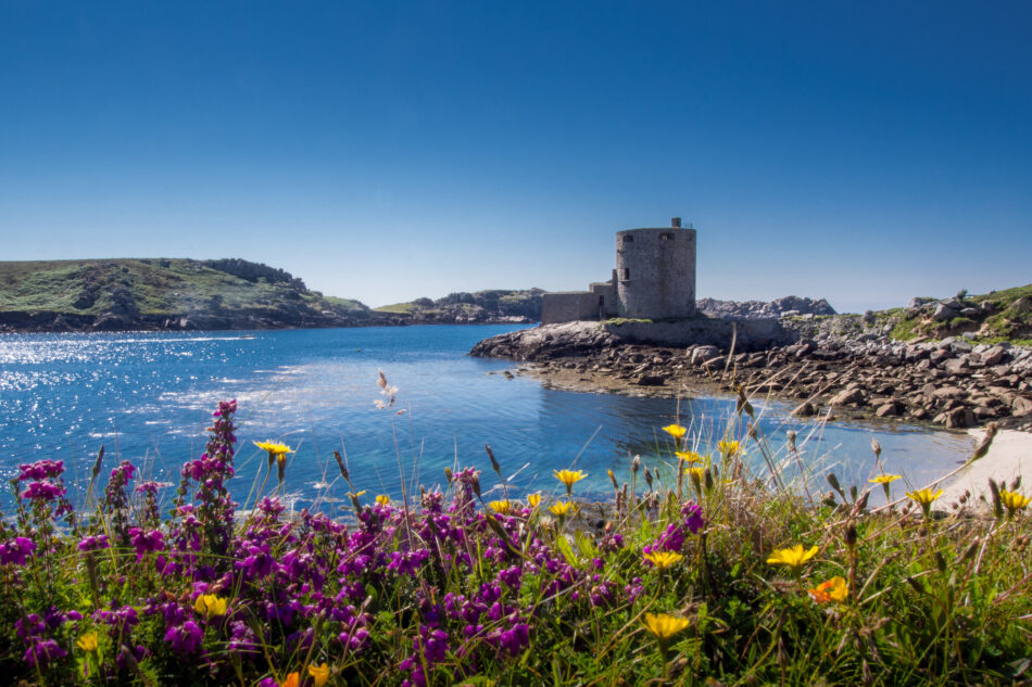 A European island with a castle in the distance.