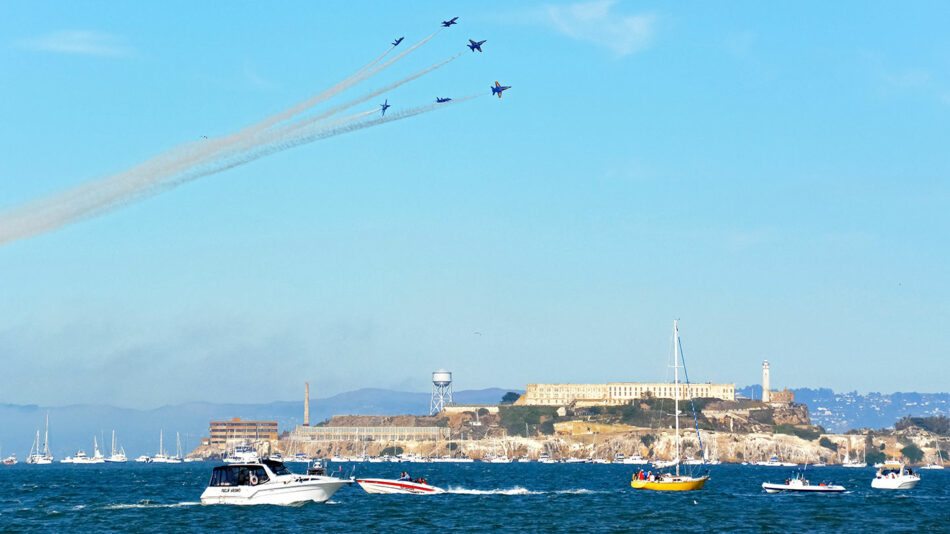 blue jets flying over san francisco