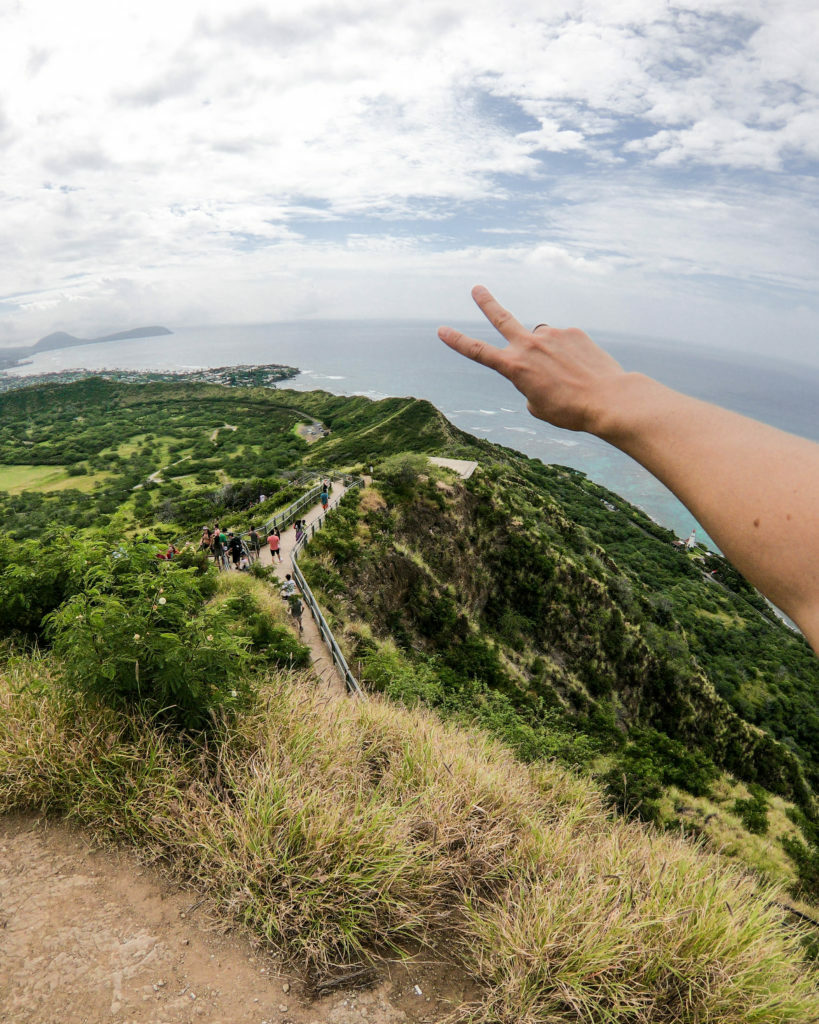 A person pointing to the ocean from atop a hill in Hawaii.