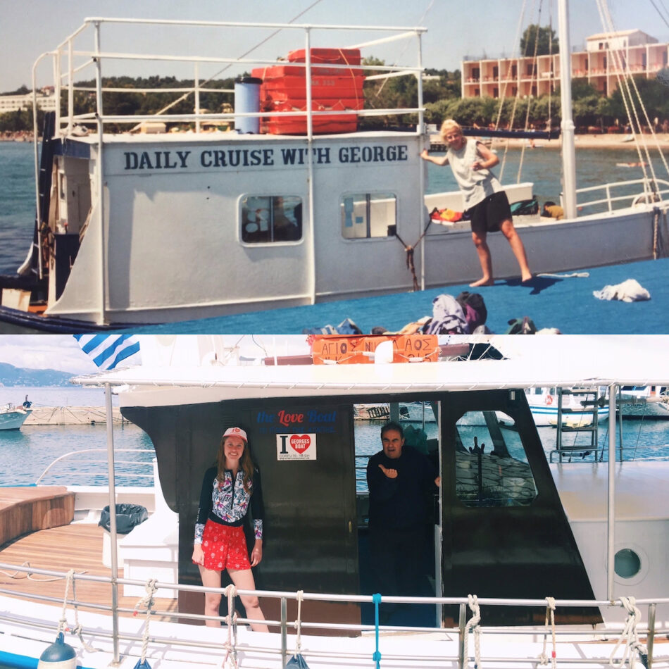 Two pictures of people standing on a boat.