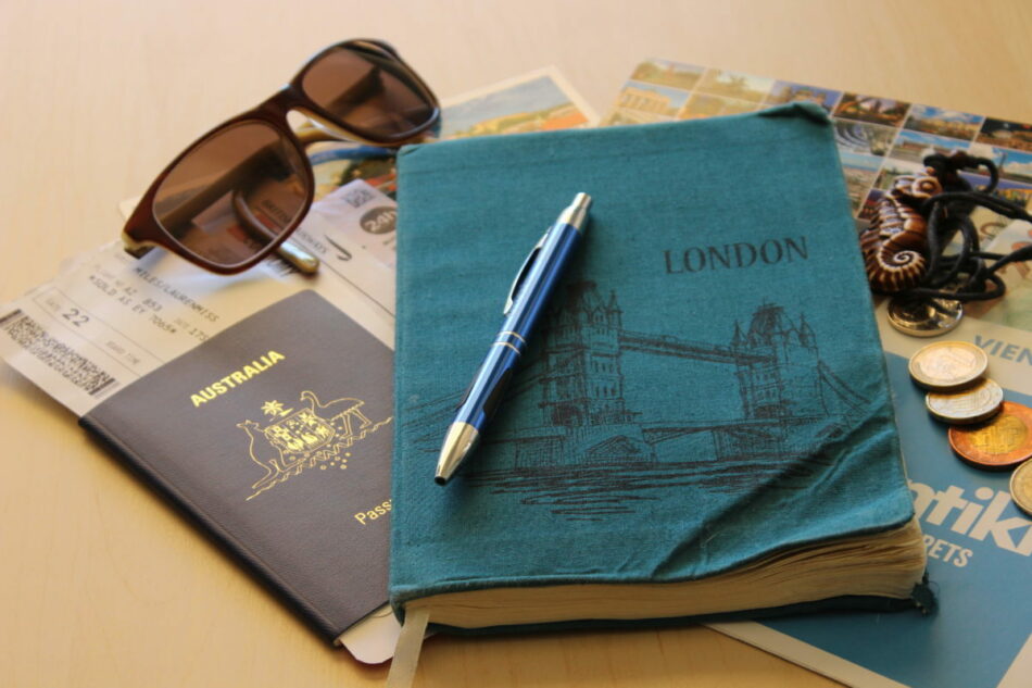 Travel flat lay - Diary, passport and sunglasses