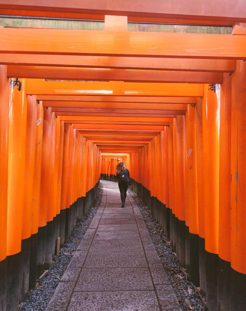 Women walking up path lined with bright orange posts