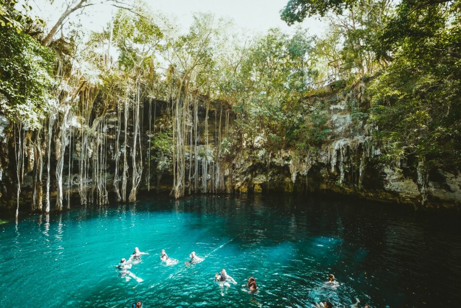 A group of people swimming in a blue pool surrounded by lush vegetation in Mexico.