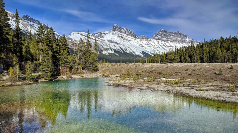 a lake and snowy mountains in the Rockies