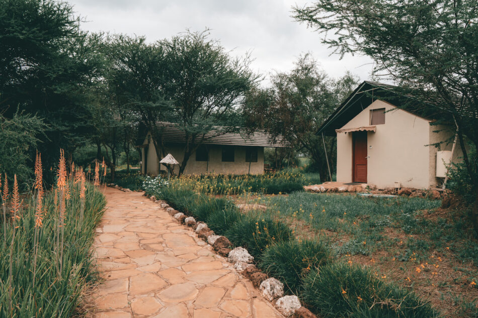 A path leading to a small cottage in a garden.