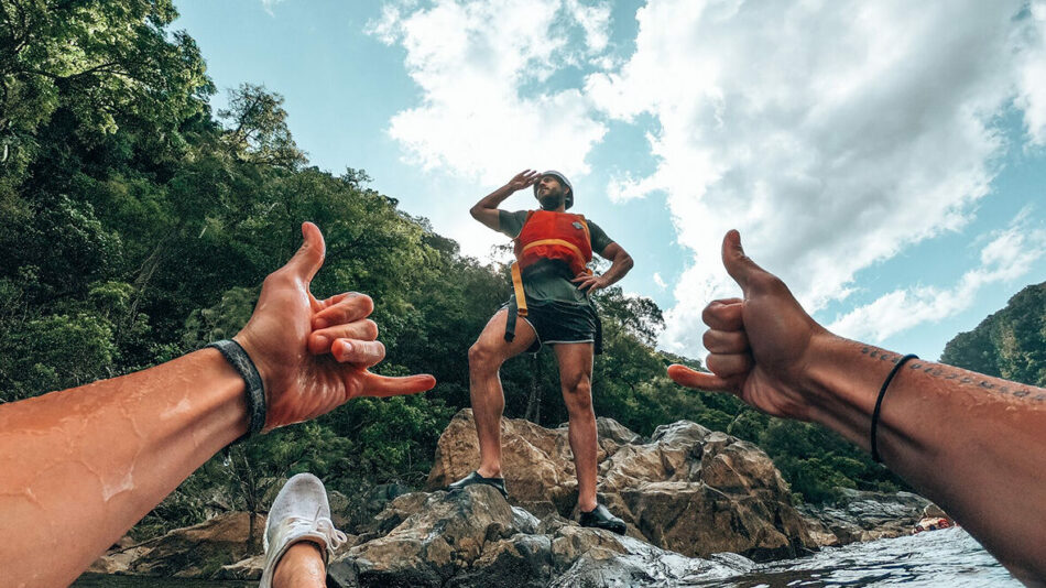 hiking selfie with group of friends