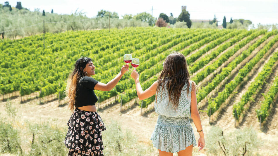 drinking wine in a Tuscan vineyard