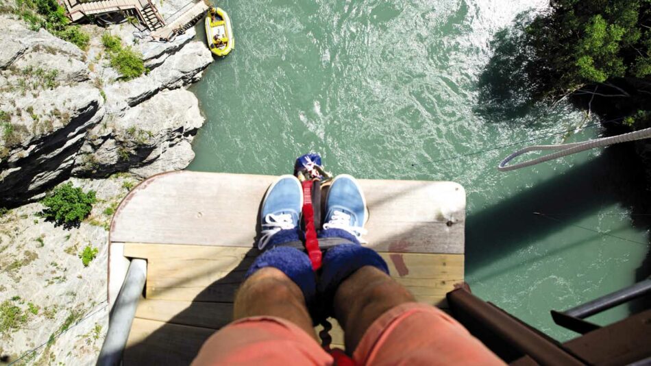 Adventures in Europe - image looking down on feet about to bungee jump