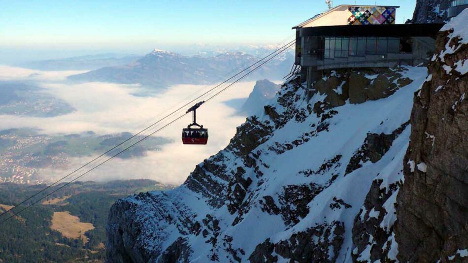 Adventures in Europe - image of a cable car going up Mt Pilatus