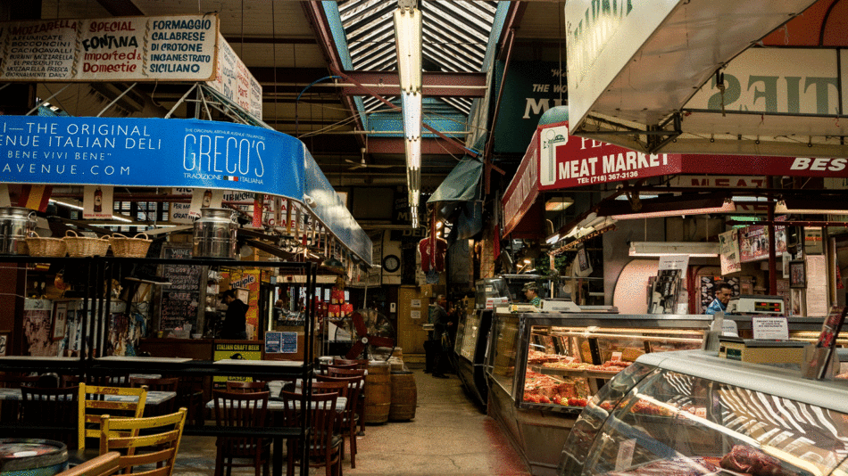 A picture of a bustling market showcasing an array of appetizing food from the Bronx and Queens.