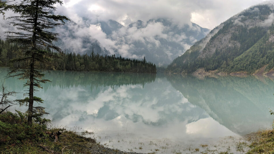 One of the best lakes in Canada surrounded by mountains and clouds.