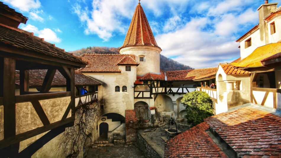 The courtyard of a medieval castle in romania.