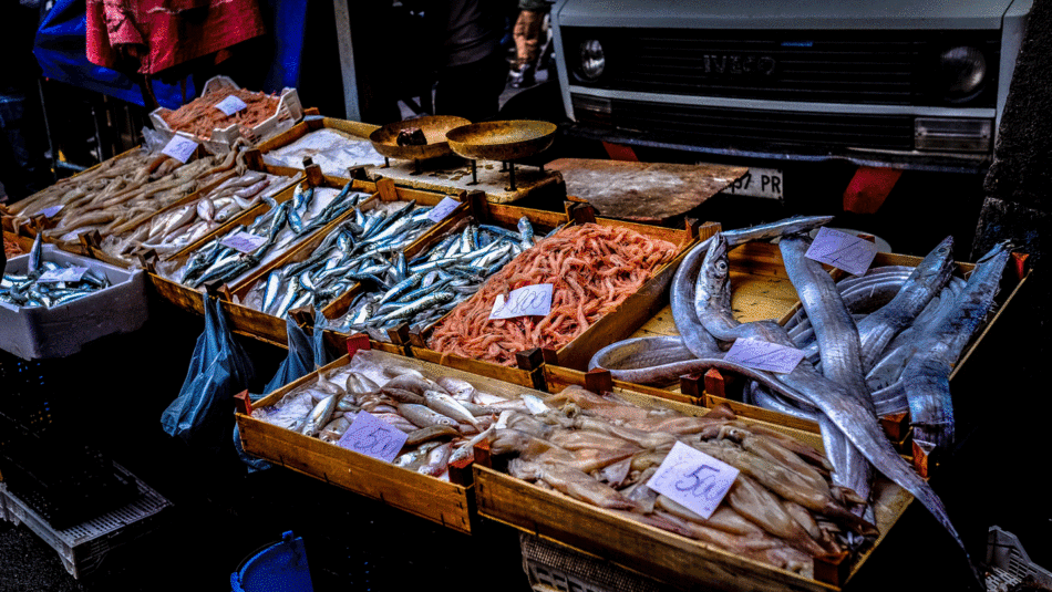 Crates of fish for sale on a street in Sicily.