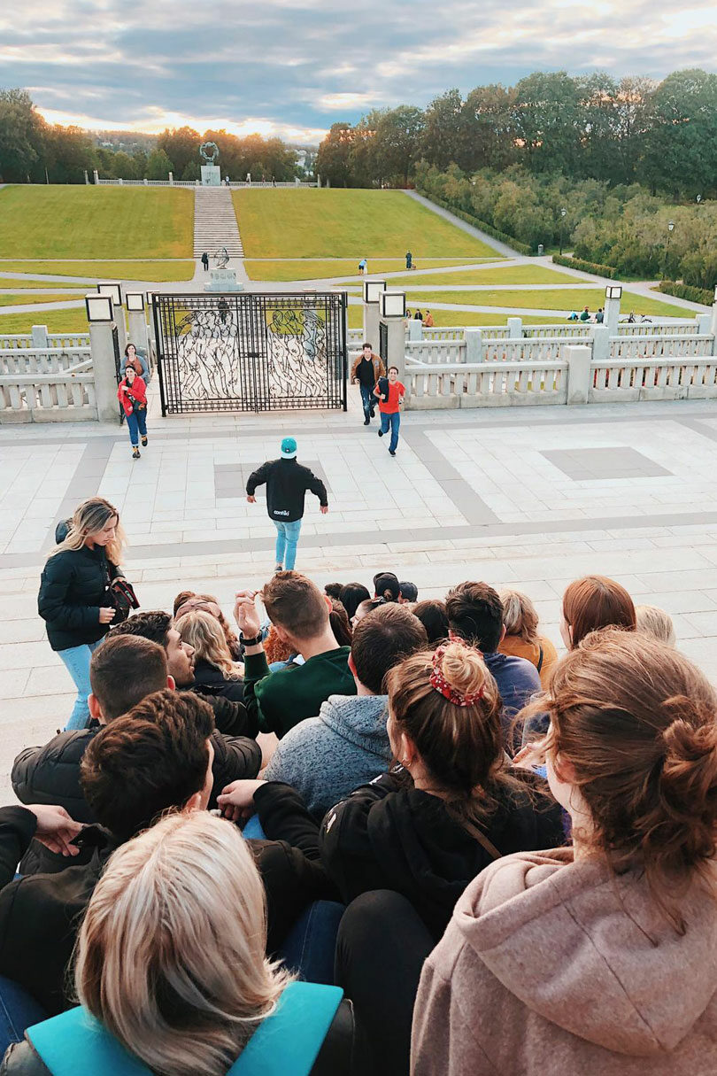 Contiki Trip Manager Joel Desbrow in Frogner Park in Norway