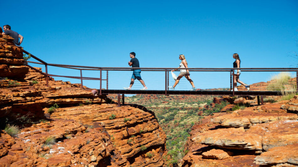 A group of people walking on a bridge during their Australia holiday.