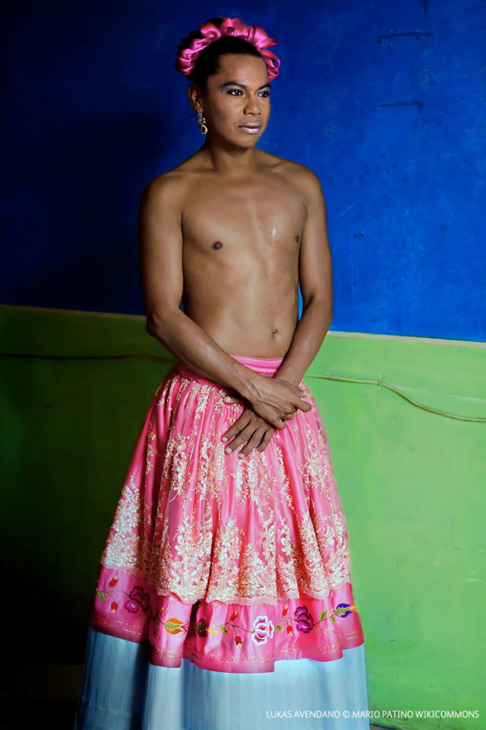 A third gender individual posing in a pink and blue dress in front of a blue wall.