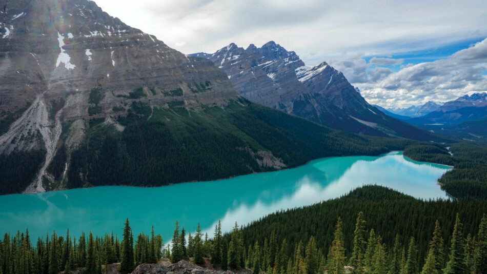 A stunning blue lake in the Canadian mountains.