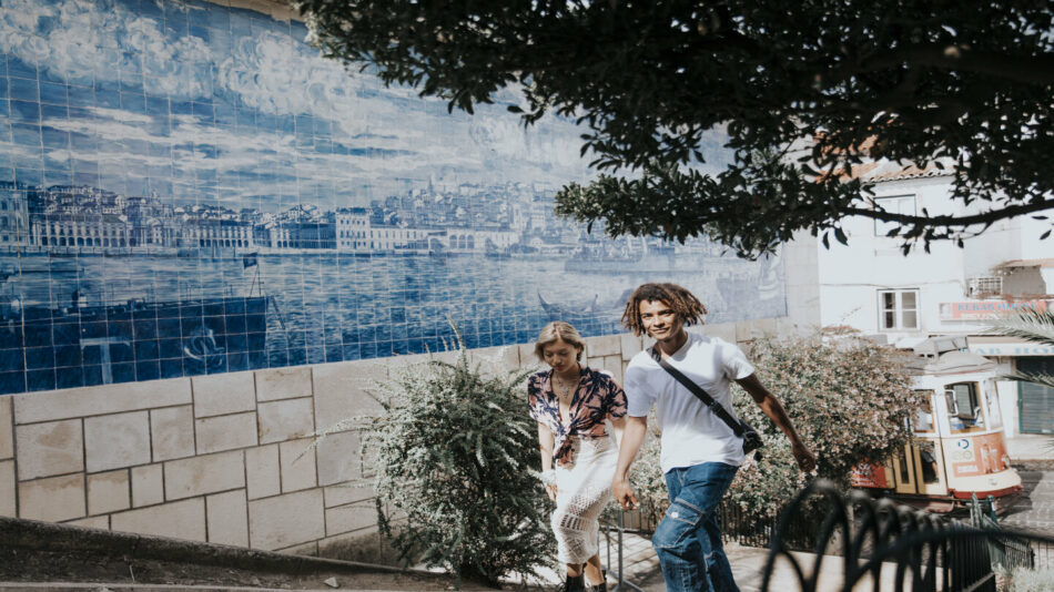 young couple taking a stroll in portugal