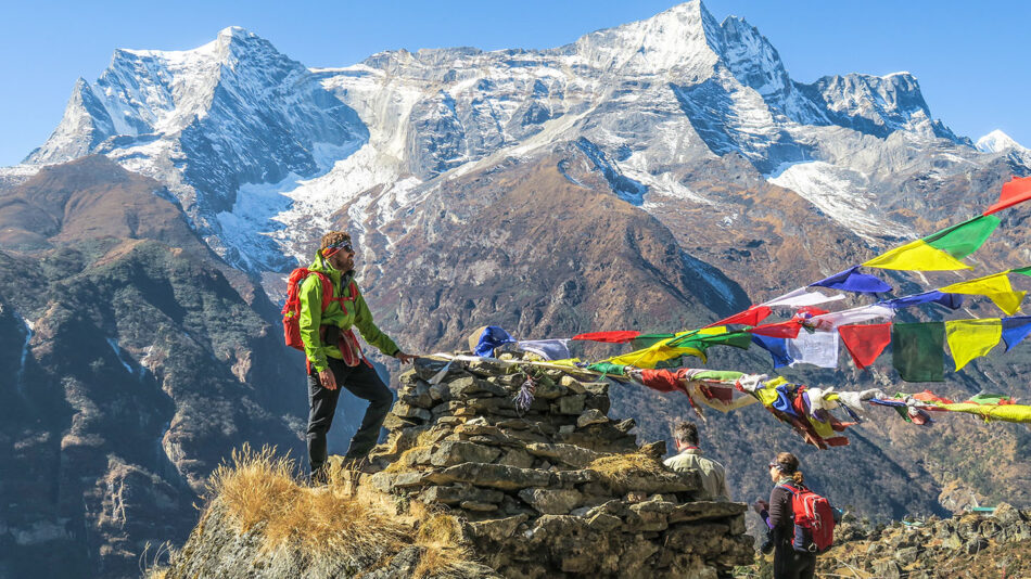 The view from Everest base camp with a man standing from height