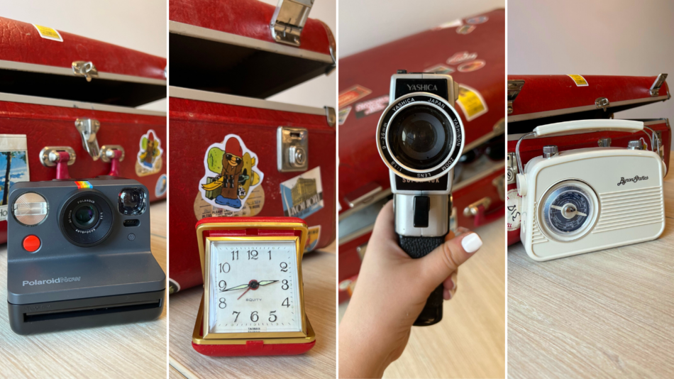 Four pictures of a suitcase with a camera, a clock, and a radio.